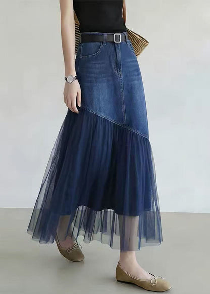 Women Blue Pockets Tulle Patchwork High Waist Denim Maxi Skirt Fall