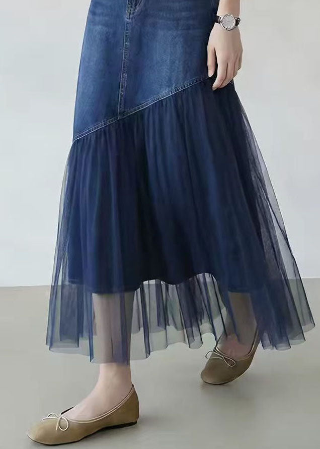 Women Blue Pockets Tulle Patchwork High Waist Denim Maxi Skirt Fall