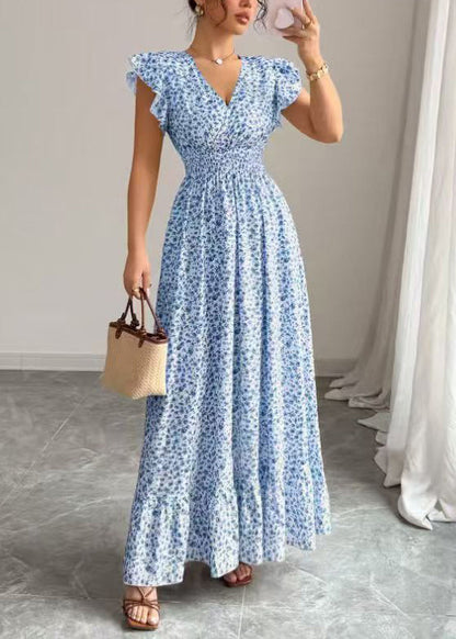 Women Blue Print Elastic Waist Cotton Maxi Dresses Summer