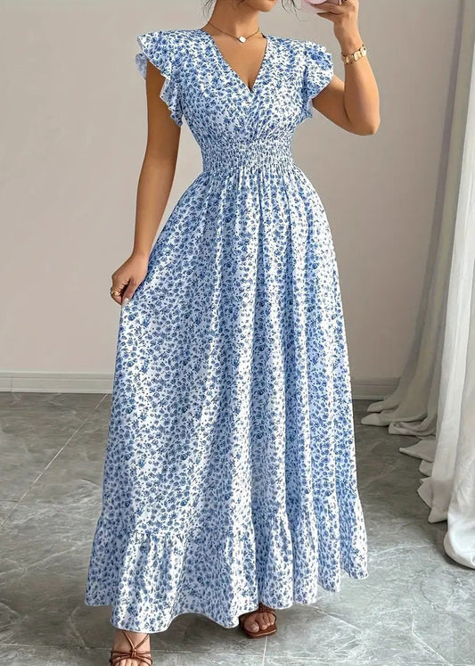 Women Blue Print Elastic Waist Cotton Maxi Dresses Summer