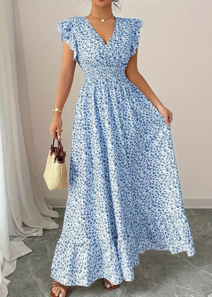 Women Blue Print Elastic Waist Cotton Maxi Dresses Summer
