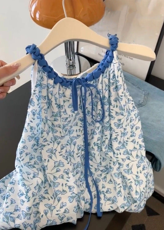 Women Blue Print Lace Up Cotton Tank Sleeveless