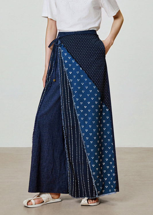 Women Blue Print Patchwork Cotton Wide Leg Pants Fall