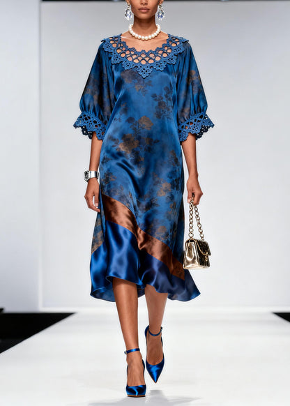 Women Blue Print Patchwork Hollow Out Silk Maxi Dress Summer