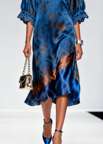 Women Blue Print Patchwork Hollow Out Silk Maxi Dress Summer