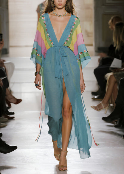 Women Blue Print Side Open Chiffon Long Dress Summer