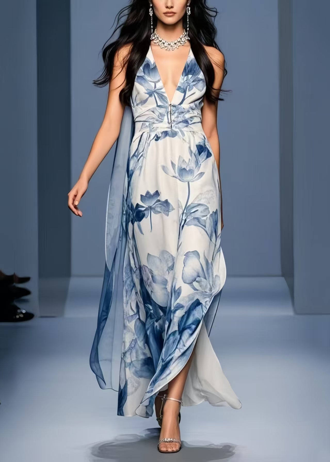 Women Blue Print Side Open Chiffon Sundresses Sleeveless