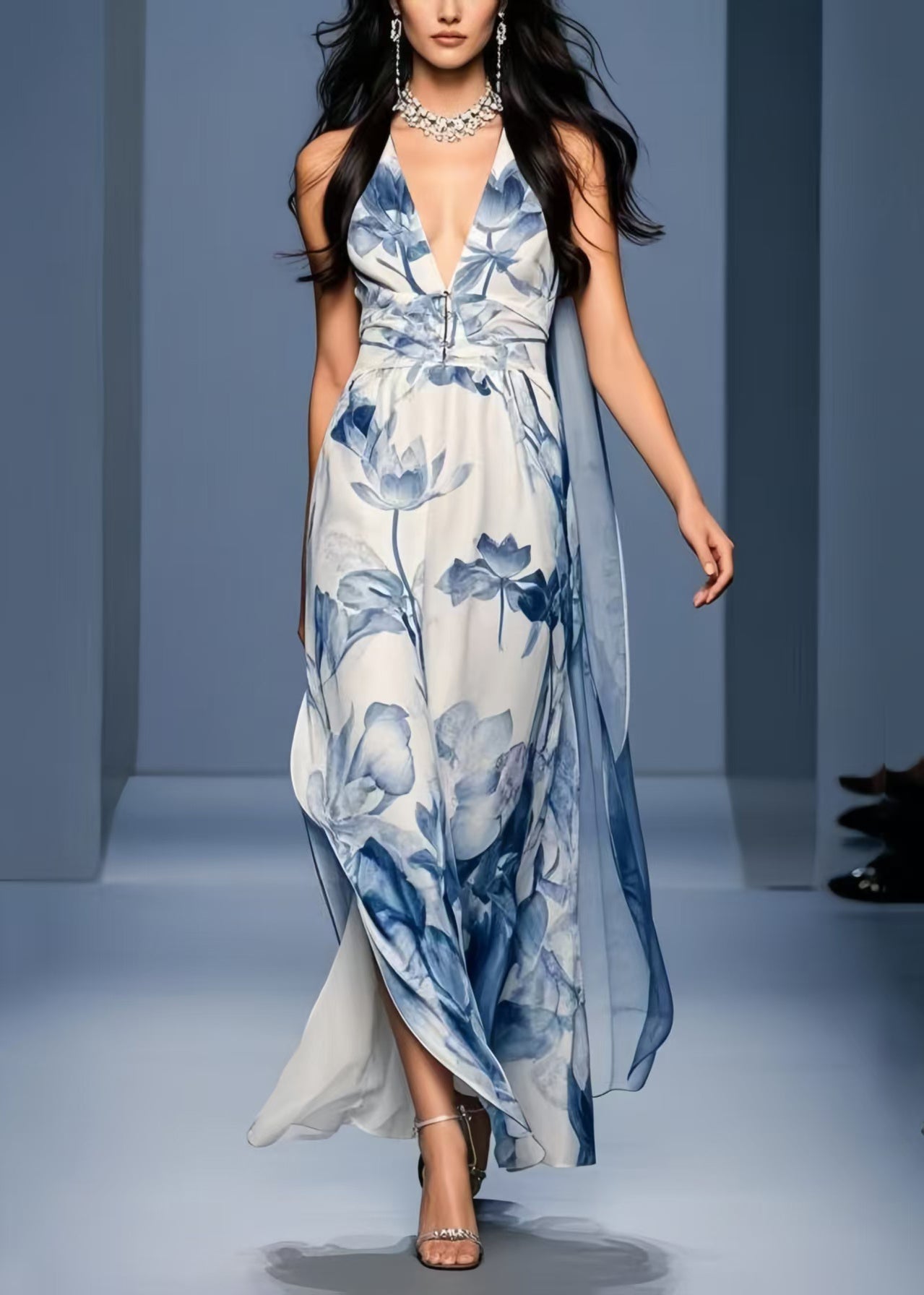 Women Blue Print Side Open Chiffon Sundresses Sleeveless