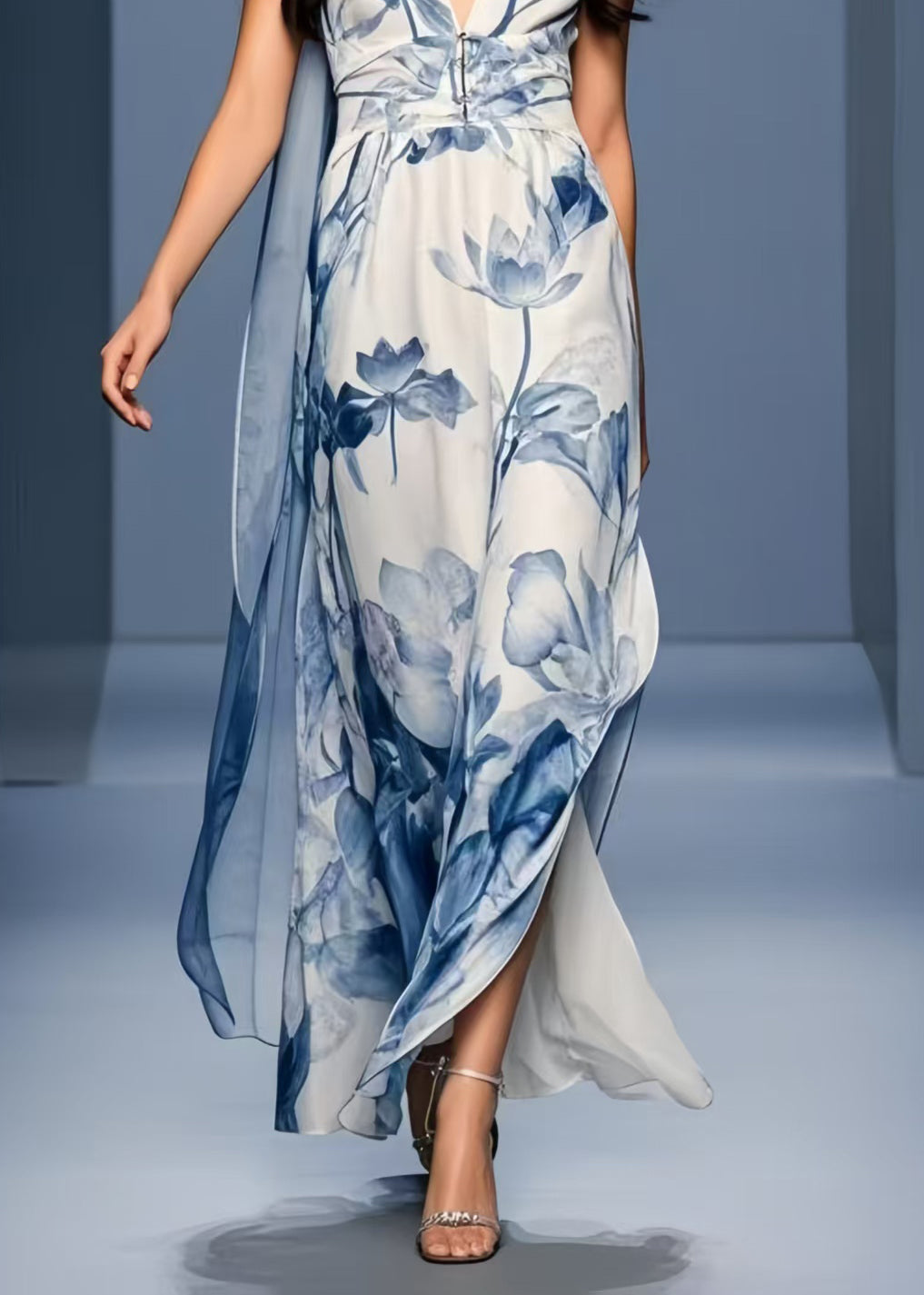 Women Blue Print Side Open Chiffon Sundresses Sleeveless