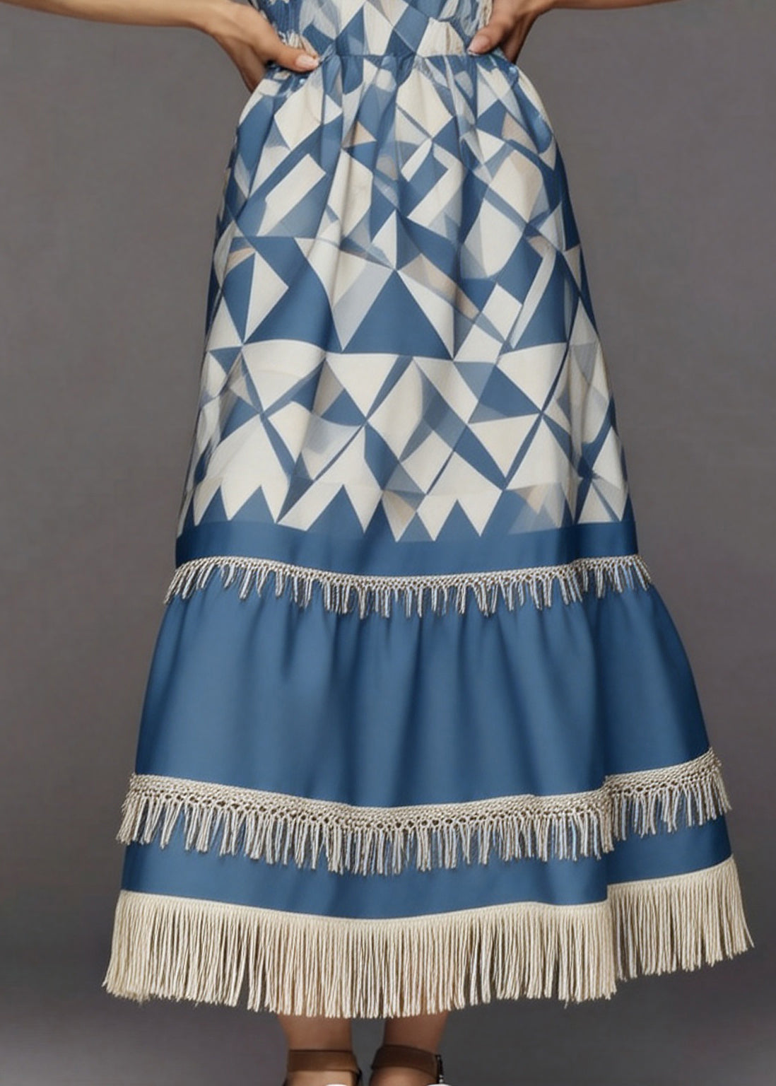 Women Blue Print Tasseled Patchwork Cotton Long Dresses Summer