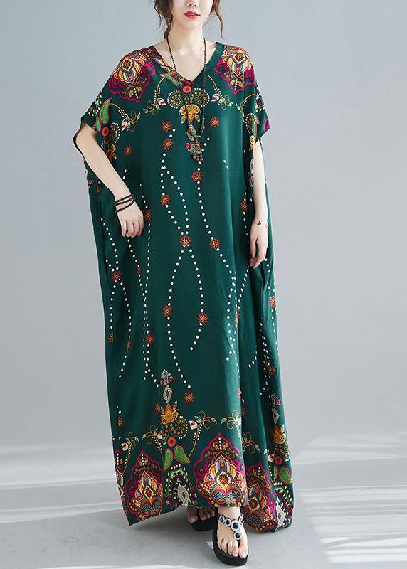 Women Blue Print Tunic Top V Neck Plus Size Spring Dresses - SooLinen