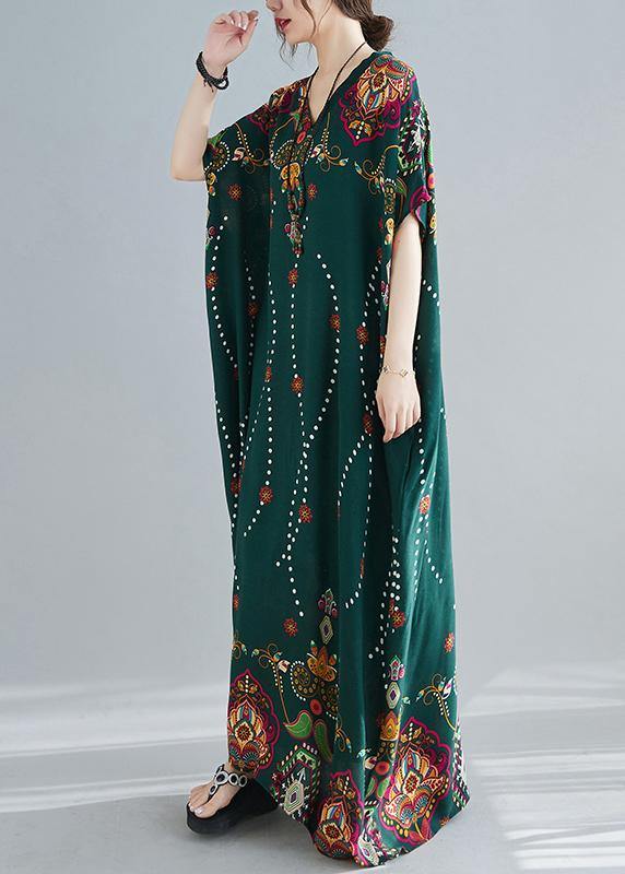 Women Blue Print Tunic Top V Neck Plus Size Spring Dresses - SooLinen