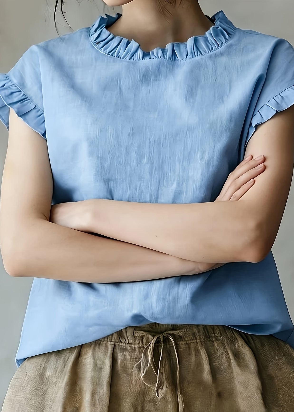 Women Blue Ruffled Cotton Blouses Sleeveless