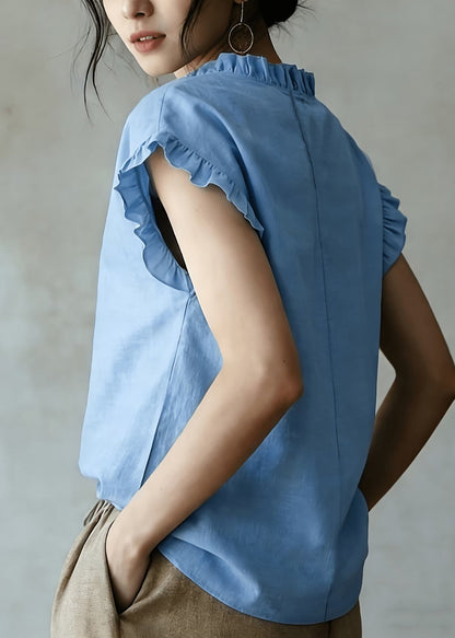 Women Blue Ruffled Cotton Blouses Sleeveless