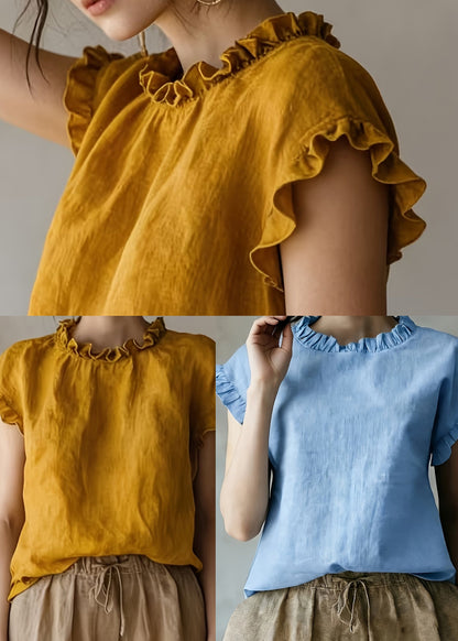 Women Blue Ruffled Cotton Blouses Sleeveless