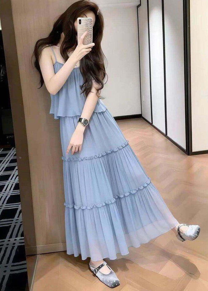 Women Blue Ruffled Draping Chiffon Two-Piece Set Summer