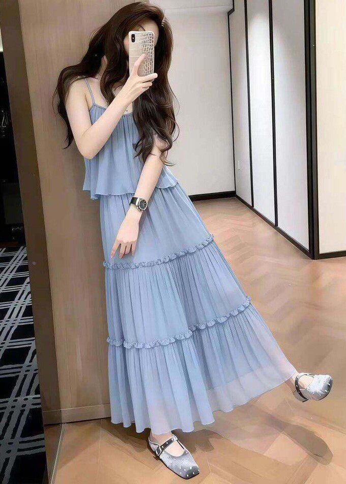 Women Blue Ruffled Draping Chiffon Two-Piece Set Summer