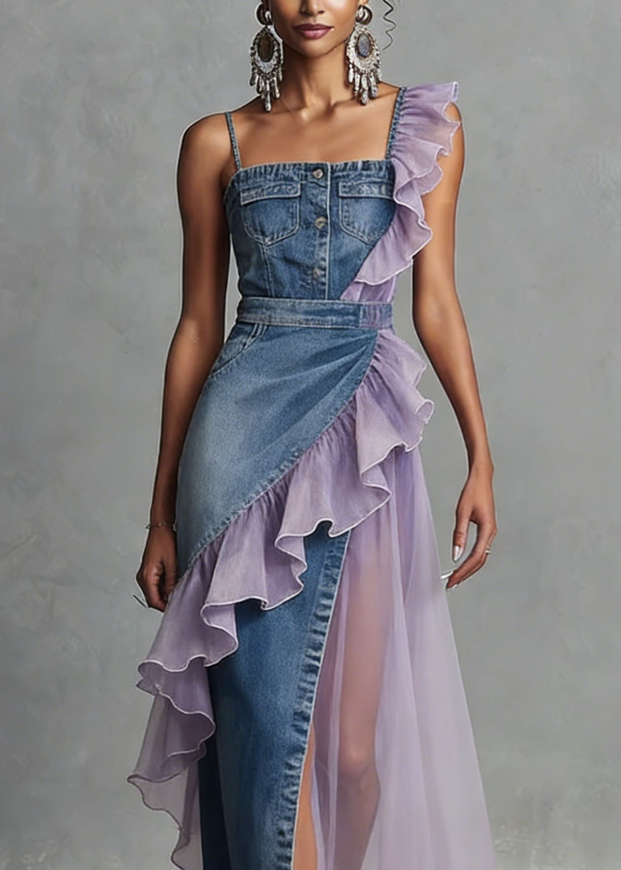 Women Blue Ruffled Patchwork Denim Spaghetti Strap Dress Summer