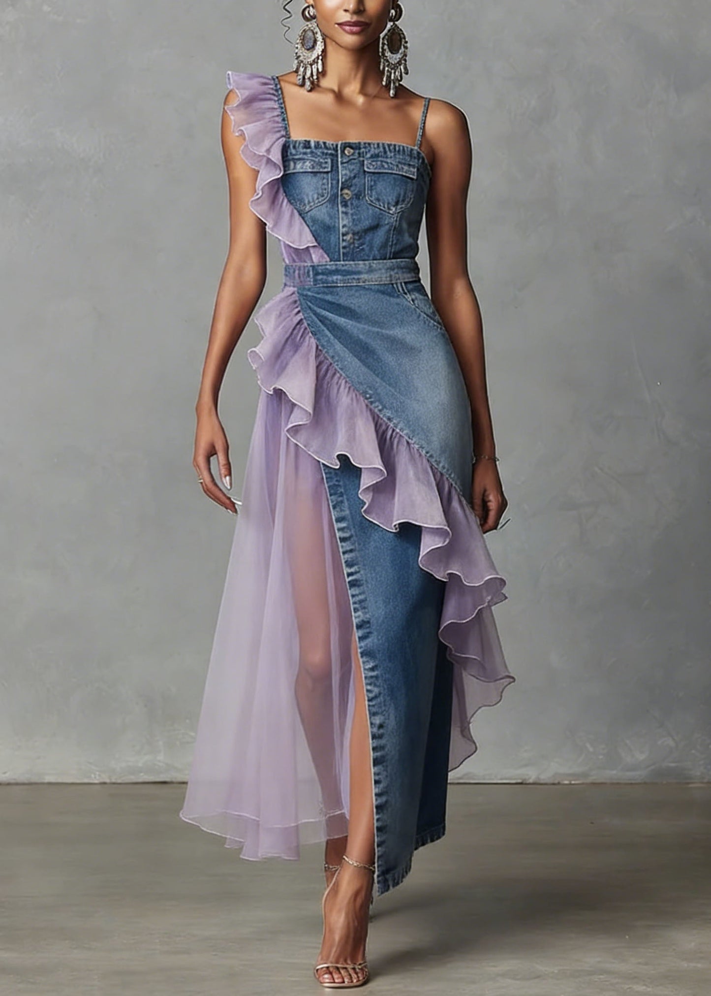 Women Blue Ruffled Patchwork Denim Spaghetti Strap Dress Summer
