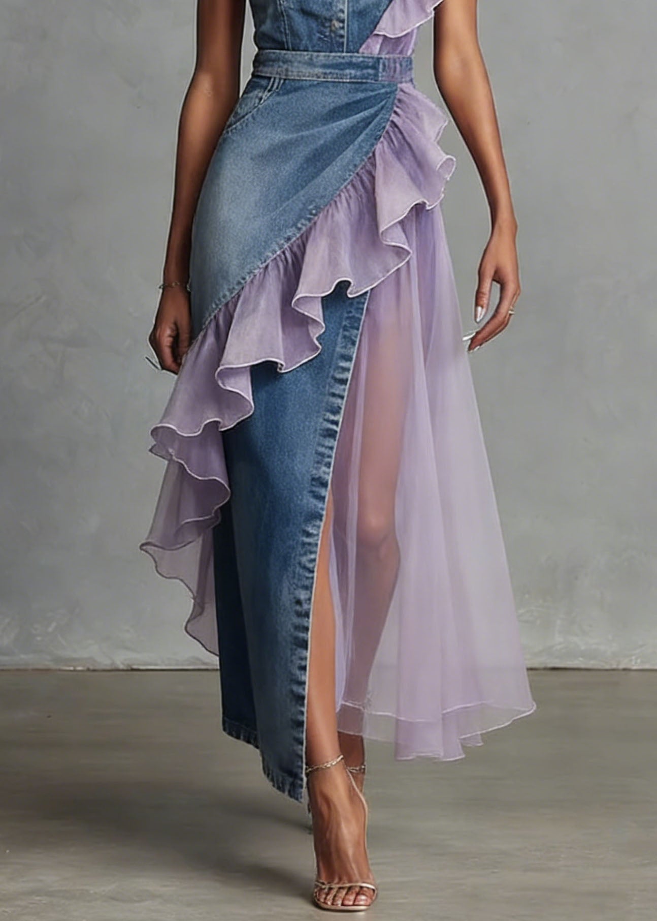 Women Blue Ruffled Patchwork Denim Spaghetti Strap Dress Summer