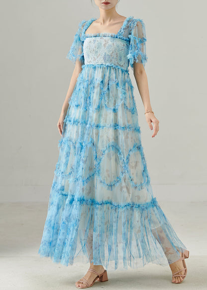 Women Blue Ruffled Patchwork Tulle Dresses Summer