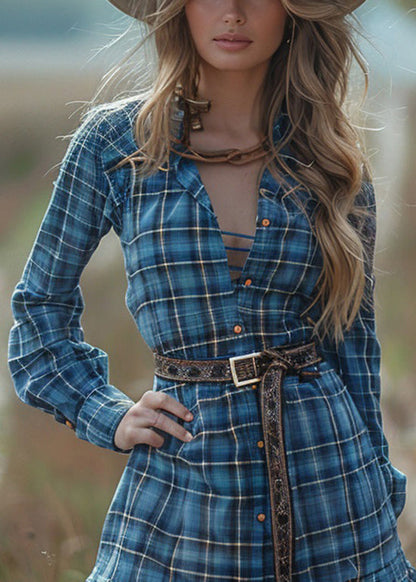 Women Blue Ruffled Plaid Cotton Short Dress Spring