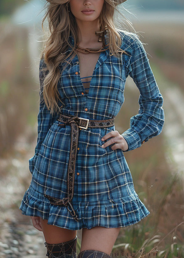 Women Blue Ruffled Plaid Cotton Short Dress Spring