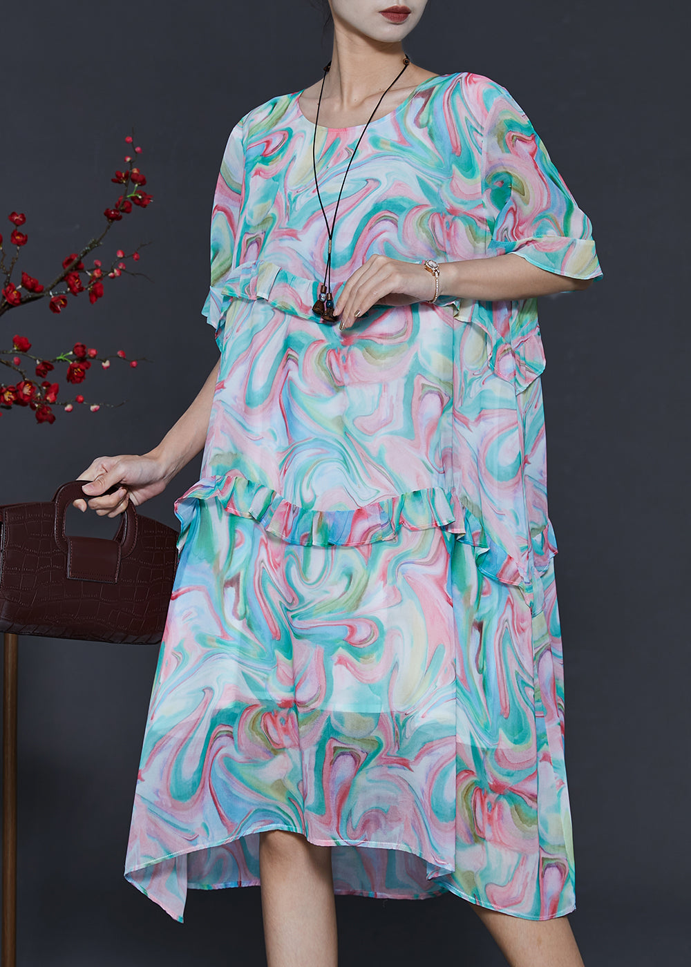 Women Blue Ruffled Print Chiffon Day Dresses Summer