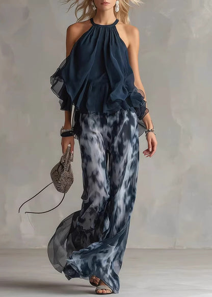 Women Blue Ruffled Print Chiffon Two Piece Set Clothing Sleeveless