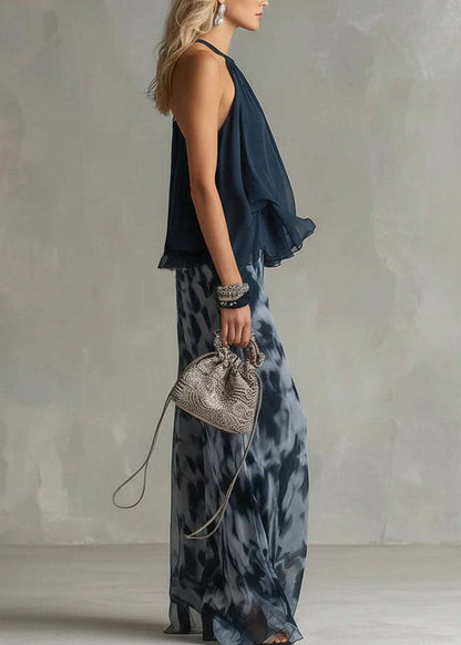 Women Blue Ruffled Print Chiffon Two Piece Set Clothing Sleeveless