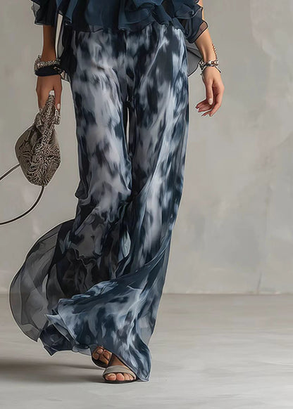 Women Blue Ruffled Print Chiffon Two Piece Set Clothing Sleeveless
