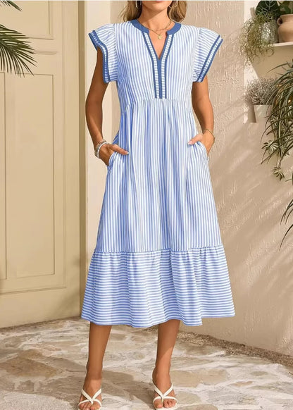 Women Blue Ruffled Striped Patchwork Cotton Dress Summer