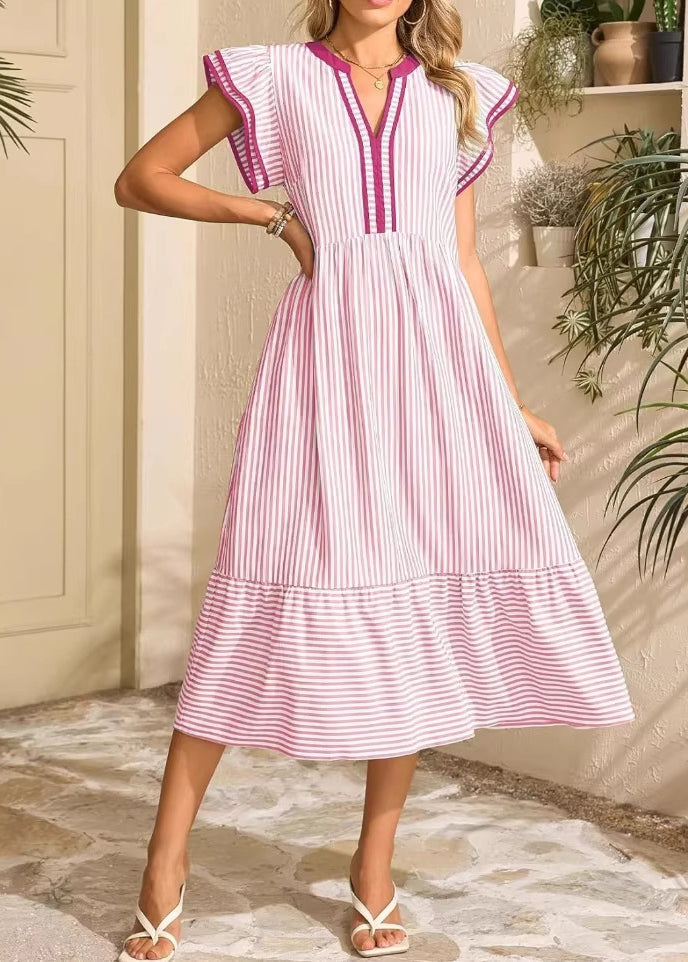 Women Blue Ruffled Striped Patchwork Cotton Dress Summer