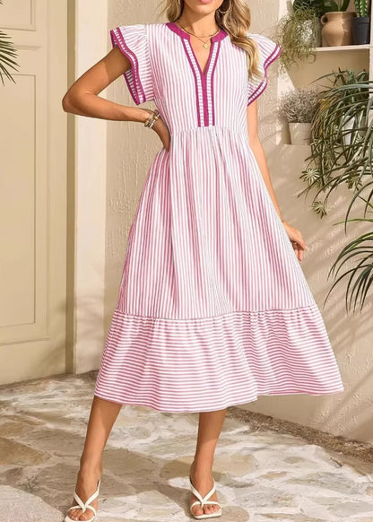Women Blue Ruffled Striped Patchwork Cotton Dress Summer
