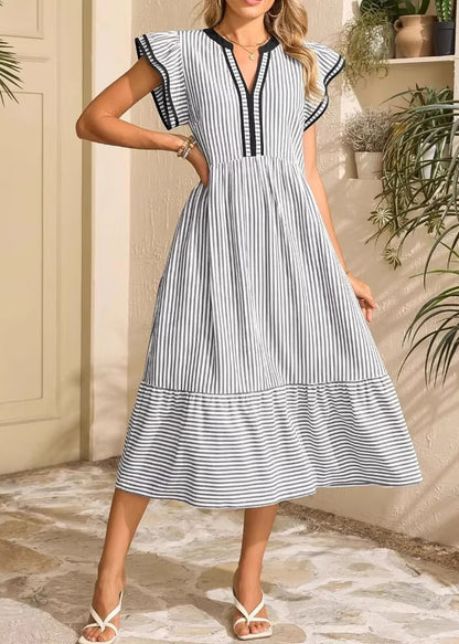 Women Blue Ruffled Striped Patchwork Cotton Dress Summer
