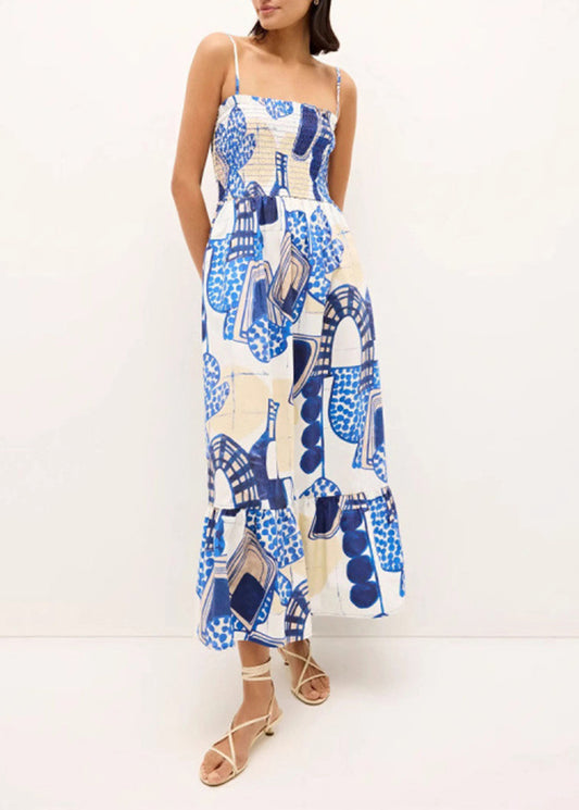 Women Blue Square Collar Print Long Spaghetti Strap Dress Sleeveless