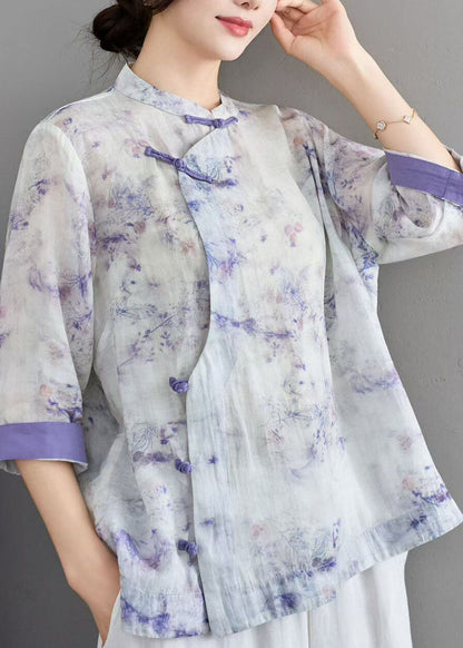 Women Blue Stand Collar Print Chinese Button Linen Shirt Summer
