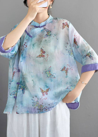 Women Blue Stand Collar Print Chinese Button Linen Shirt Summer