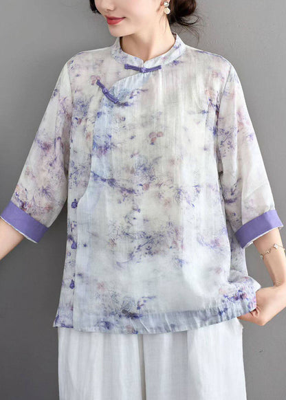 Women Blue Stand Collar Print Chinese Button Linen Shirt Summer