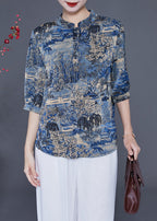 Women Blue Stand Collar Print Silk Shirt Tops Half Sleeve