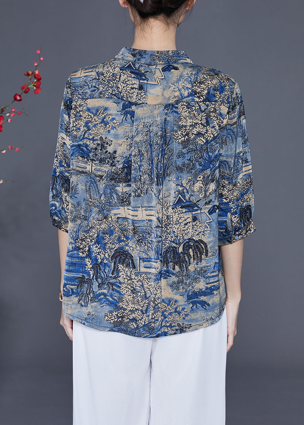 Women Blue Stand Collar Print Silk Shirt Tops Half Sleeve