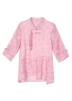 Women Blue Stand Collar Tasseled Patchwork Linen Shirt Summer