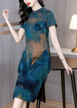 Load image into Gallery viewer, Women Blue Stand Collar Tasseled Print Silk Dress Summer