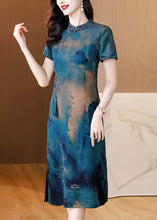 Load image into Gallery viewer, Women Blue Stand Collar Tasseled Print Silk Dress Summer