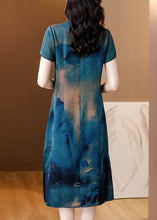 Load image into Gallery viewer, Women Blue Stand Collar Tasseled Print Silk Dress Summer
