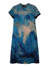 Load image into Gallery viewer, Women Blue Stand Collar Tasseled Print Silk Dress Summer