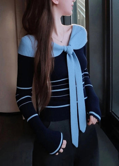 Women Blue Striped Bow Patchwork Knit Sweater Spring