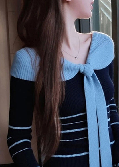 Women Blue Striped Bow Patchwork Knit Sweater Spring
