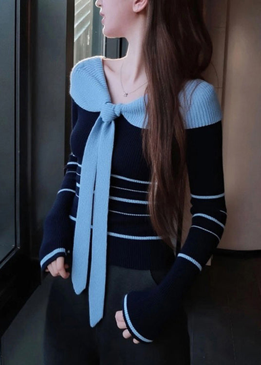Women Blue Striped Bow Patchwork Knit Sweater Spring