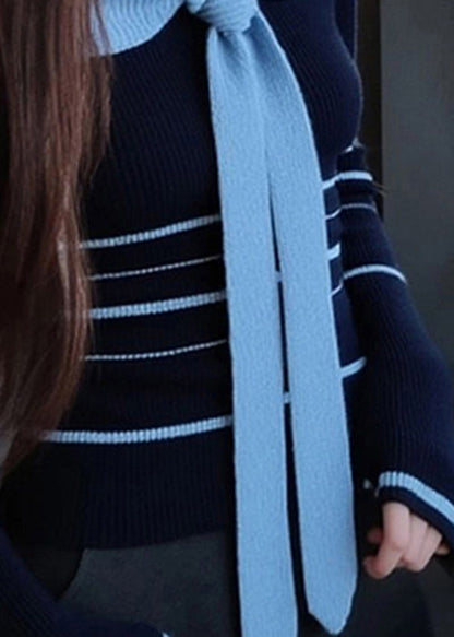 Women Blue Striped Bow Patchwork Knit Sweater Spring